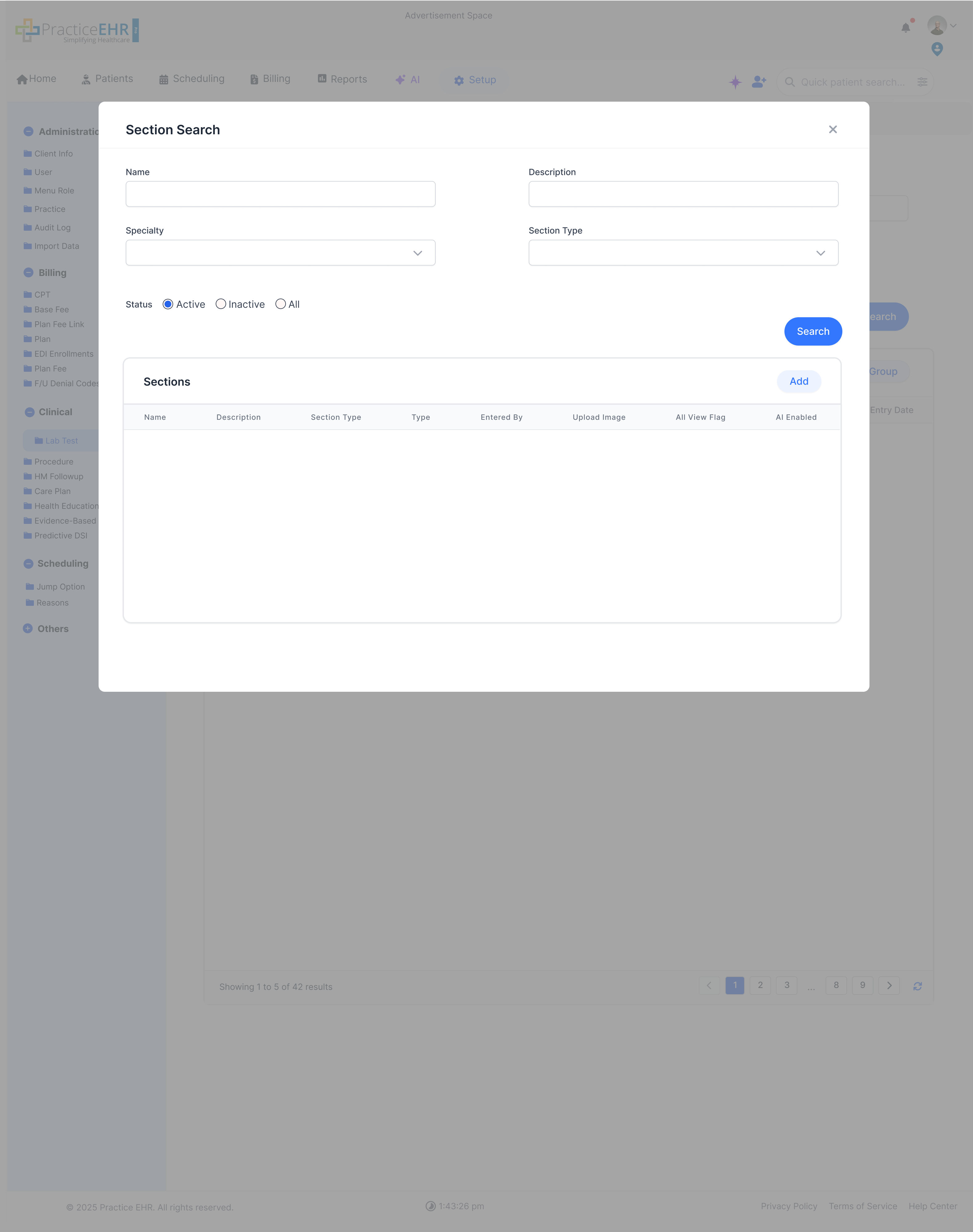 Add section search screen